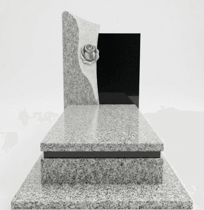 G603 Granite Monument with Black Accents & Rose Engraved Upright Headstone