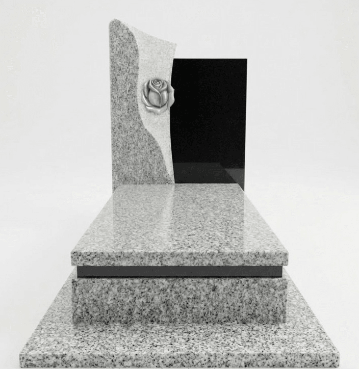G603 Granite Monument with Black Accents & Rose Engraved Upright Headstone